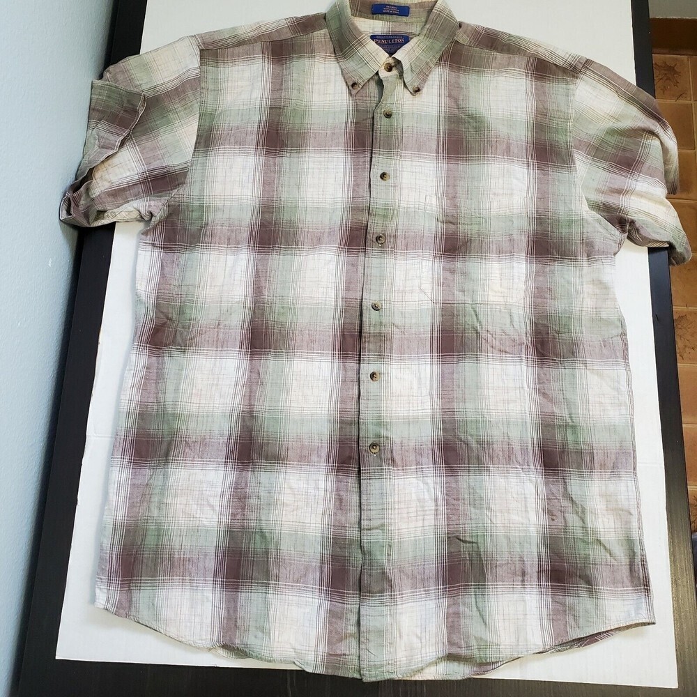 Pendleton 100% Cotton Button Up Shirt Size L Large Plaid Short Sleeve Brown Grn‎ - Picture 2 of 9